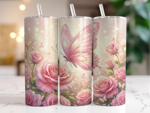 20oz Pastel Butterfly Pink Roses: Graphics & Tumbler Wraps