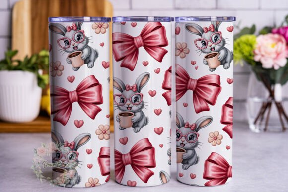 Cute Bunny Coffee Pink Bow Tumbler Wrap Graphics