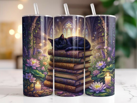 Dark Academia Cat Books 20oz Tumbler PNG Graphics for Tumbler Wraps