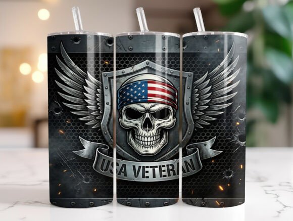 Patriotic Skull Shield Veteran Tumbler Graphics for Tumbler Wraps