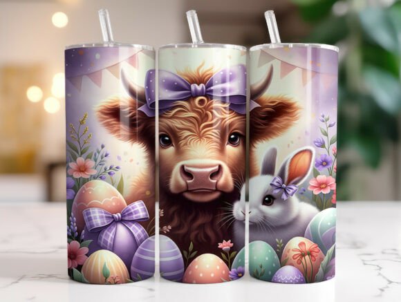 Purple Bow Highland Cow 20oz Tumbler PNG Graphics Wraps
