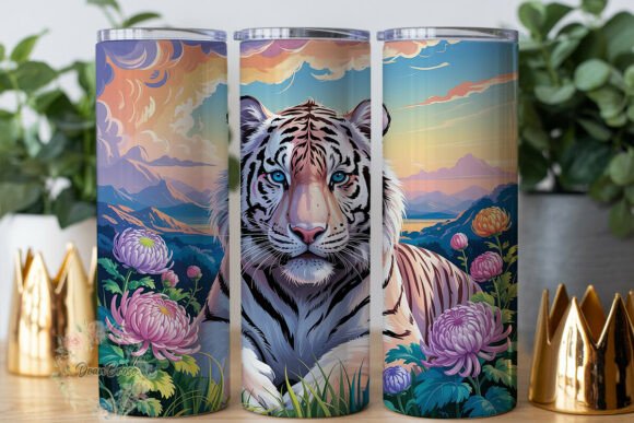 White Tiger Floral 20oz Tumbler Wrap Graphics